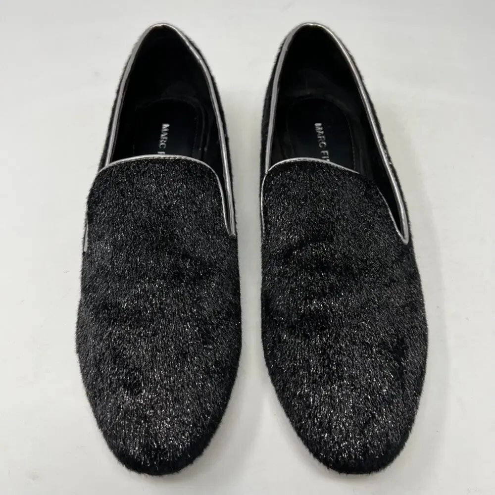 Marc Fisher Black Silver Shimmer Studded Abree Faux Fur Womens Loafers Shoes 7.5